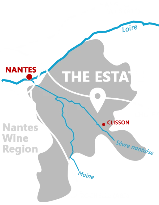 Map showing the location of Domaine de l'Aiguillette in the Nantes vineyard (Loire Valley wine region)
